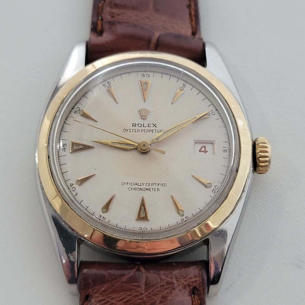 Iconic classic, Men's Rolex ref.6105 Oyster Perpetual automatic bubble back dress watch with rare red date, c.1960s. Verified authentic by a master watchmaker. Gorgeous Rolex signed tropical dial, applied dagger hour markers, gilt minute and hour