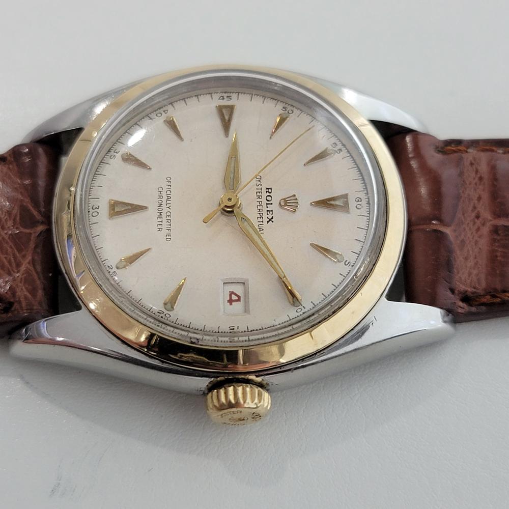 Mens Rolex Oyster Perpetual Ref 6105 18 Karat SS Red Date Automatic 1960s RA311B In Excellent Condition For Sale In Beverly Hills, CA