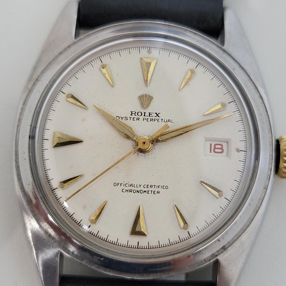 Classic icon, Men's Rolex ref.6105 Oyster Perpetual automatic bubble back dress watch with date feature, c.1952. Verified authentic by a master watchmaker. Gorgeous Rolex signed dial, applied dagger hour markers, gilt minute and hour hands, sweeping