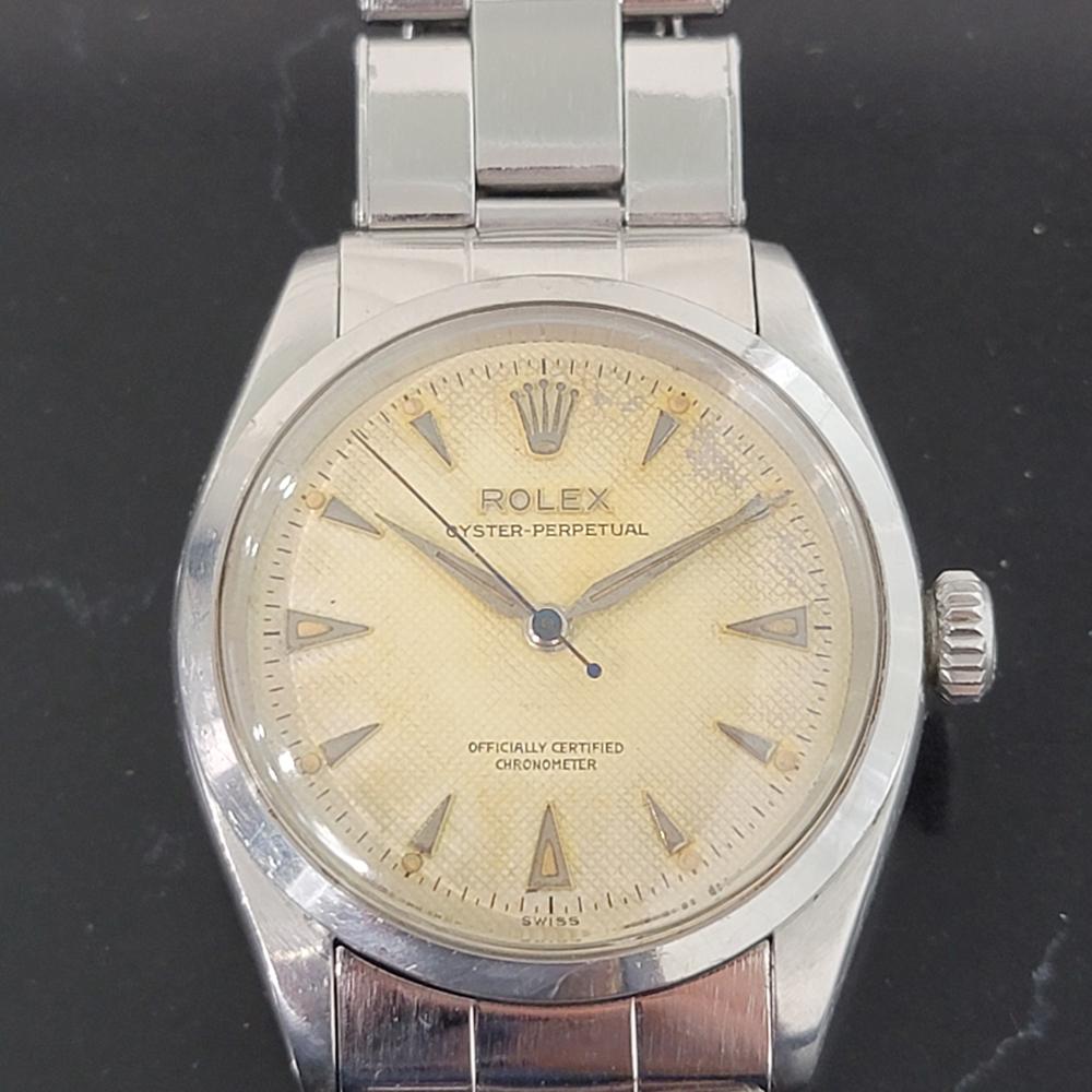 A rare iconic classic, Men's Rolex ref.6284 Oyster Perpetual all-stainless steel automatic dress watch, c.1954, all original. Verified authentic by a master watchmaker. Gorgeous Rolex signed dial, applied indice hour markers, minute and hour hands,