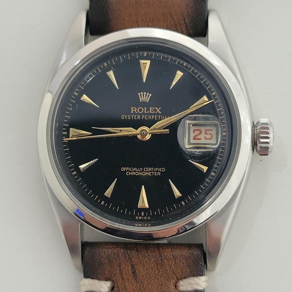 Un rare classique vintage, une Rolex Oyster Perpetual Datejust 6305 automatique pour homme, c.1953, en excellent état de marche. Vérifié authentique par un maître horloger. Magnifique Rolex signée non reconditionnée, cadran d'origine, index dague