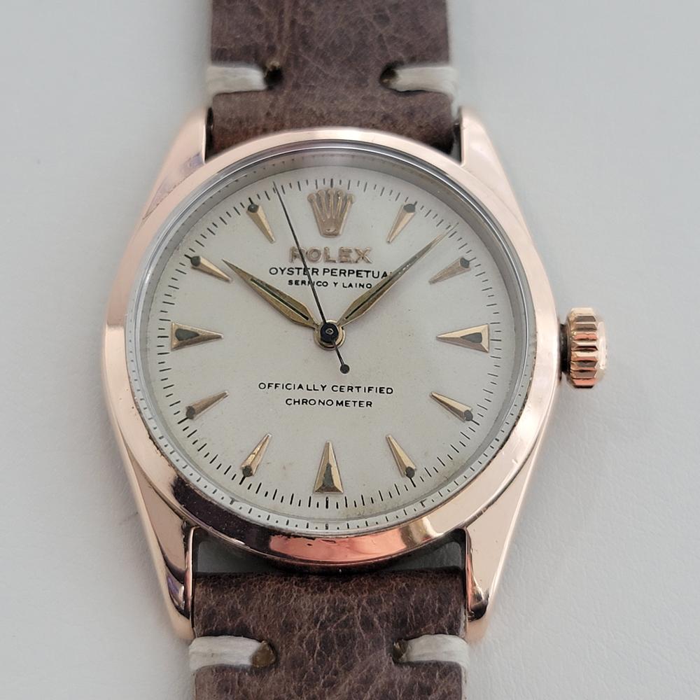 Luxurious classic, rare Men's Gold-Capped Rolex Oyster Perpetual Ref.6334 automatic dress watch, c.1963. Verified authentic by a master watchmaker. Gorgeous Rolex signed white dial, applied indice hour markers, gilt minute and hour hands, sweeping