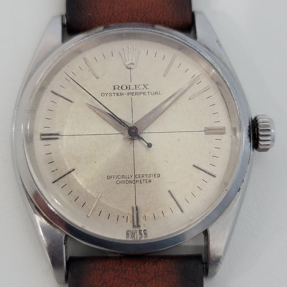 A rare iconic classic, Men's Rolex ref.6564 Oyster Perpetual automatic dress watch, c.1958. Verified authentic by a master watchmaker. Gorgeous Rolex signed dial, applied indice hour markers, minute and hour hands, sweeping central second hand,