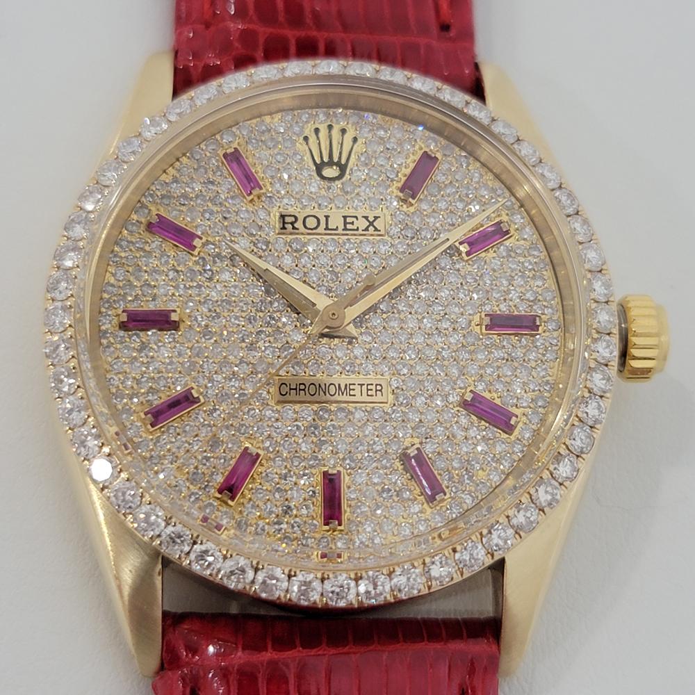 A rare, dazzling classic, Men's Rolex ref.6564 Oyster Perpetual automatic dress watch with diamond and sapphire dial and diamond bezel, c.1957.  Gorgeous custom Rolex signed aftermarket gemmed, diamond dial, applied color sapphire hour markers,