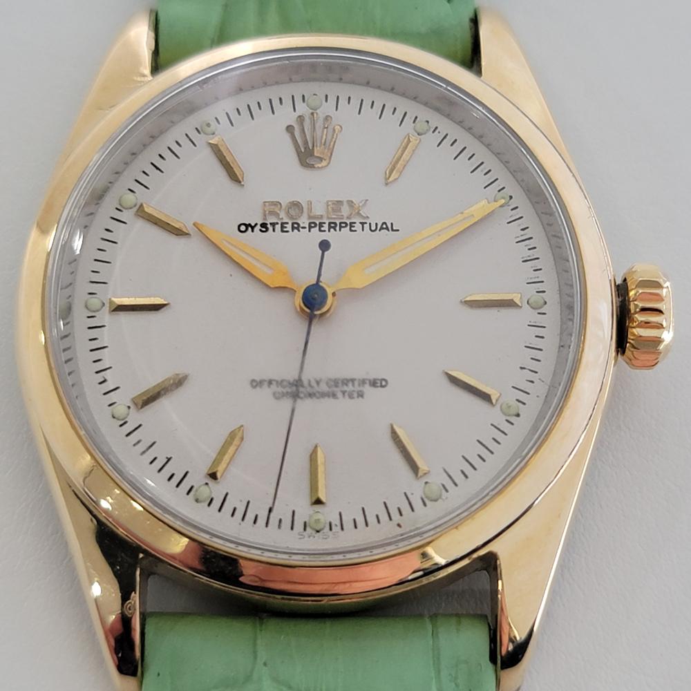Gorgeous classic, Men's Gold-Capped Rolex Oyster Perpetual Ref.6634 automatic dress watch, c.1958. Verified authentic by a master watchmaker. Rolex signed white dial, applied broadsword indice hour markers, gilt minute and hour hands, sweeping
