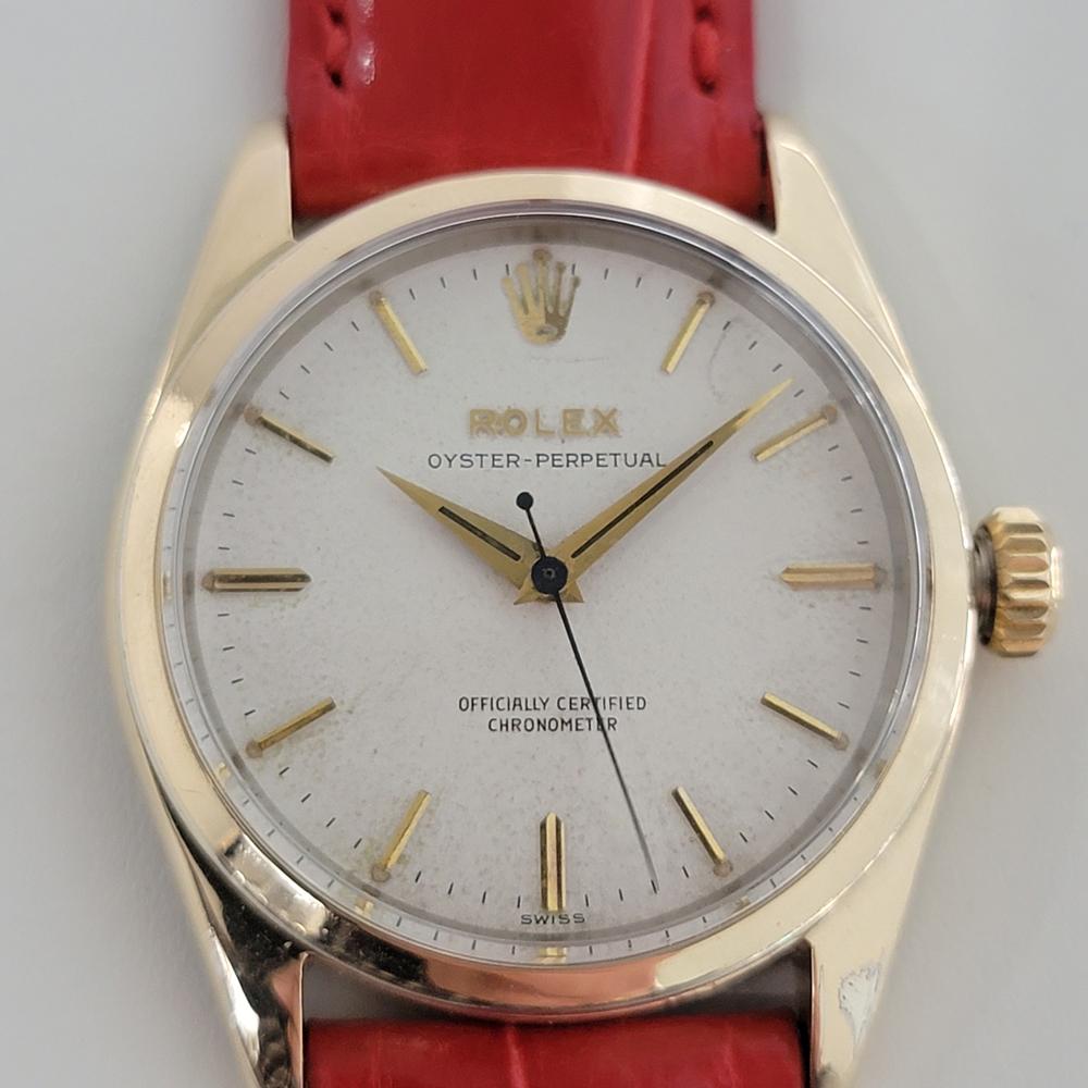 Luxurious classic, Men's Gold-Capped Rolex Oyster Perpetual Ref.6634 automatic dress watch, c.1957. Verified authentic by a master watchmaker. Gorgeous, original unrestored Rolex signed dial, applied gold indice hour markers, gilt minute and hour