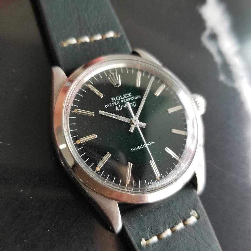 Iconic classic in stunning dark hunter green, Men's Rolex Oyster Perpetual ref.1007 Air-King automatic, c.1960s. Verified authentic by a master watchmaker. Gorgeous Rolex signed dark hunter green dial, applied indice hour markers, silver minute and