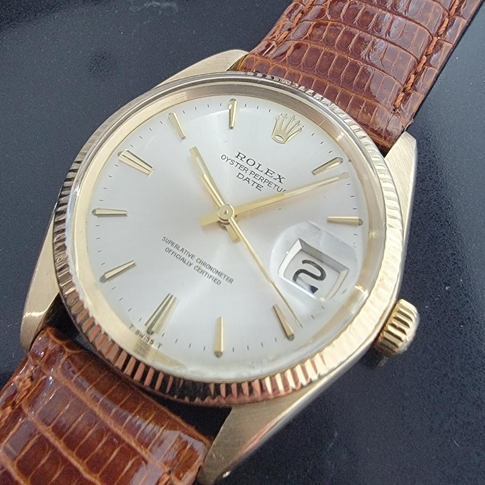 Timeless luxury, men's Rolex Oyster Perpetual Date ref.1503 solid 14ct gold automatic, c.1976. Verified authentic by a master watchmaker. Gorgeous Rolex signed silver dial, applied gold indice hour markers, gilt minute and hour hands, sweeping