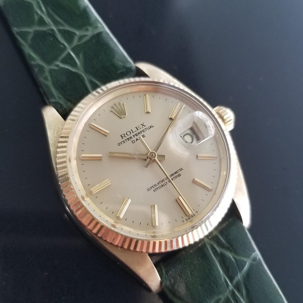 Luxurious icon, men's Rolex's Ref.1503 Oyster Perpetual Date 14k solid gold automatic, c.1979. Verified authentic by a master watchmaker. Gorgeous, Rolex signed golden dial, applied indice hour markers, gilt minute and hour hands, sweeping central