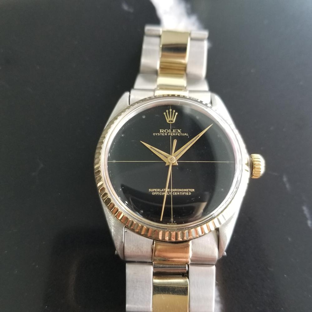 Classic icon, Men's 14k gold & stainless steel Rolex Oyster Perpetual ref.5500 automatic, c.1969, all original. Verified authentic by a master watchmaker. Gorgeous, original Rolex signed black quadrant dial, in excellent vintage condition, applied