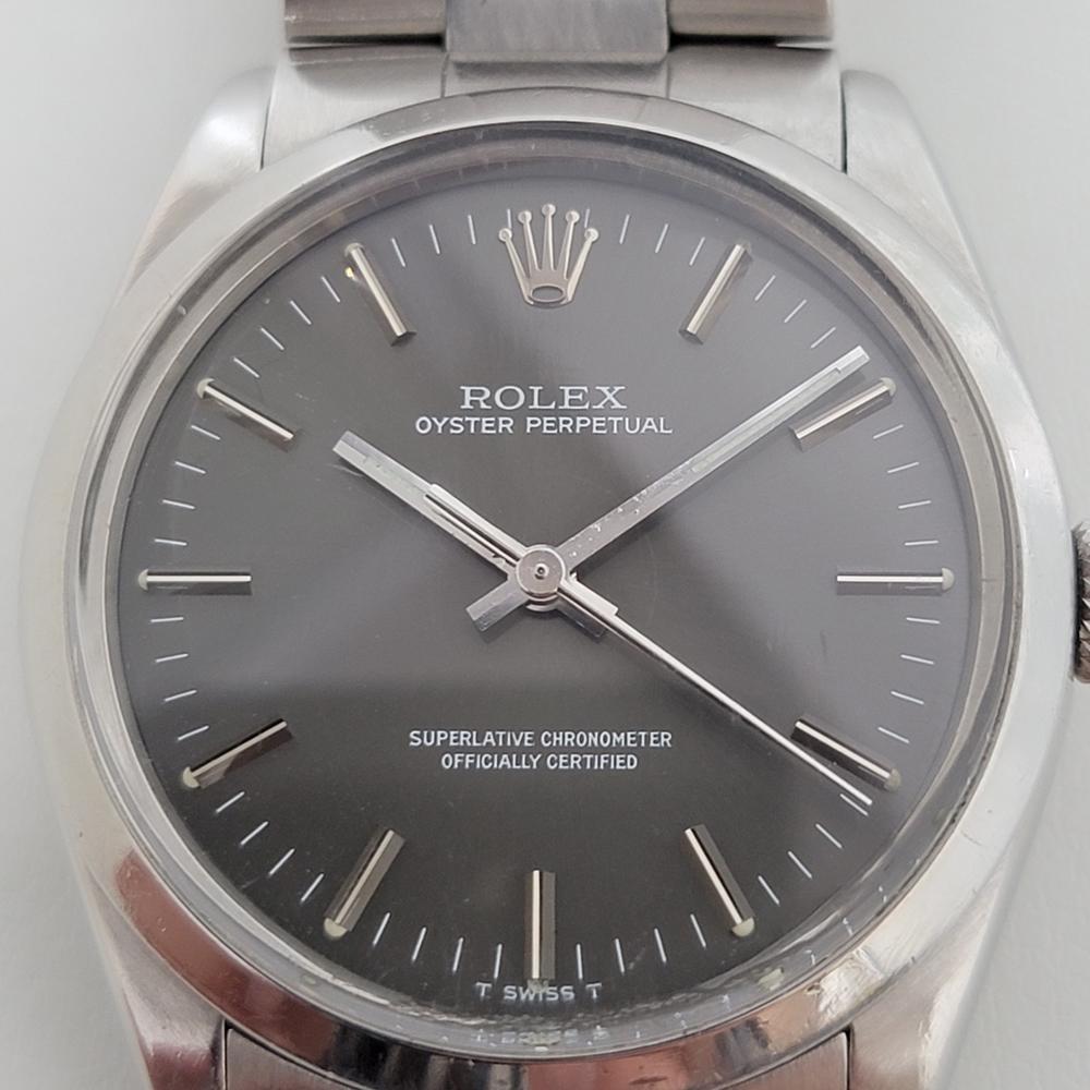 A classic icon, Men's Rolex Oyster Precision ref.1002 automatic, c.1989, all original with Rolex tag. Verified authentic by a master watchmaker. Gorgeous, original Rolex signed dial dark grey dial, in excellent condition, applied indice hour