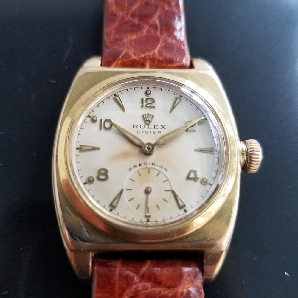 Rare iconic classic, Men's Rolex Oyster Precision ref.3116 gold-capped hand-wind dress watch, c.1946, with Rolex box. Verified authentic by a master watchmaker. Gorgeous Rolex signed vintage dial, applied sword and Arabic numeral hour markers, gilt