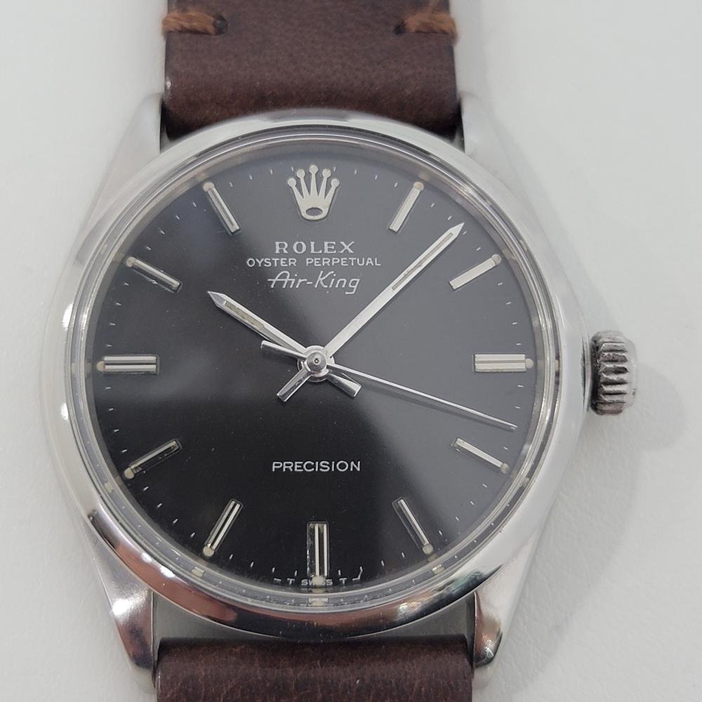 Timeless icon, Men's Rolex Oyster Precision Air-King ref 5500 automatic, c.1969. Verified authentic by a master watchmaker. Gorgeous Rolex signed black dial, applied indice hour markers, silver minute and hour hands, sweeping central second hand,