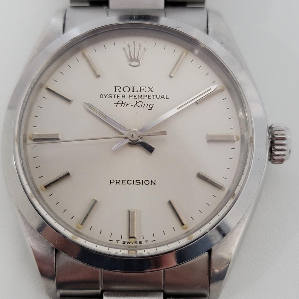 Timeless icon, Men's all-stainless steel Rolex Oyster Precision Air-King Ref.5500 automatic, c.1978, all original. Verified authentic by a master watchmaker. Gorgeous Rolex signed silver dial, applied indice hour markers, lumed minute and hour