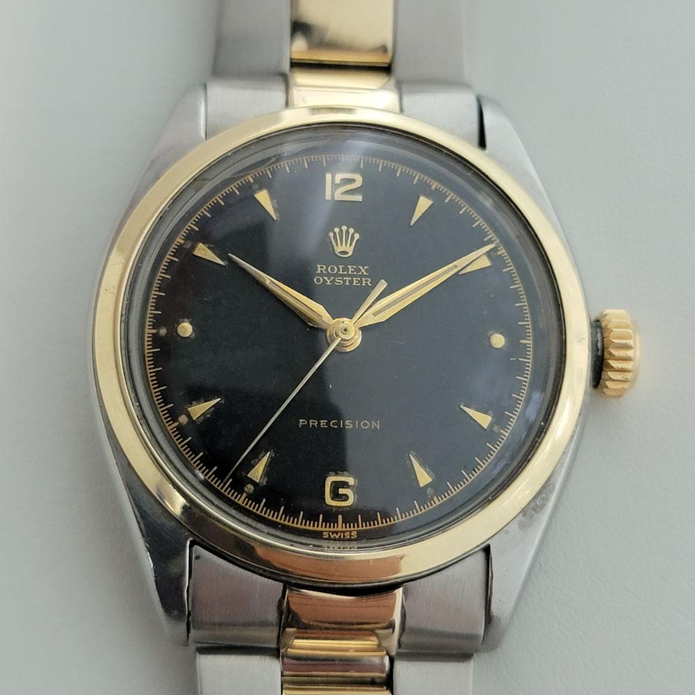 Klassische Luxus, Herren Rolex ref.6022 Oyster Precision Handaufzug Kleid Uhr, c.1953, alle original. Von einem Uhrmachermeister für echt befunden. Wunderschönes, schwarzes, signiertes Rolex-Zifferblatt, aufgesetzte goldene Dolch- und arabische 6-