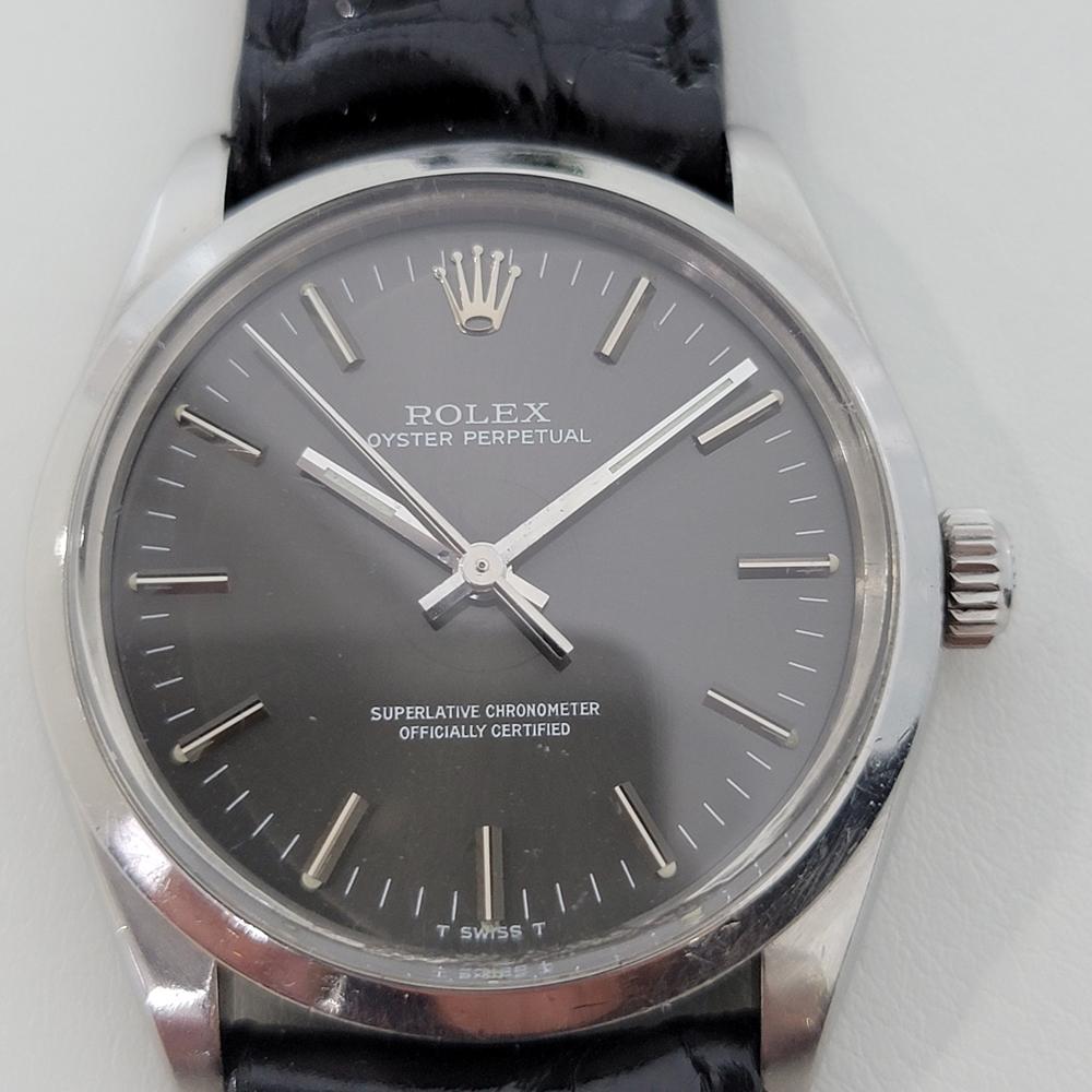 A classic icon, Men's Rolex Oyster Precision ref.1002 automatic, c.1989, with Rolex tag. Verified authentic by a master watchmaker. Gorgeous, original Rolex signed dial dark grey graphite dial, in excellent condition, applied indice hour markers,