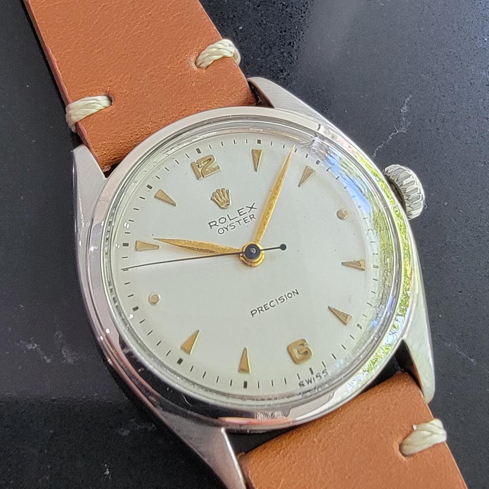 Zeitlose Ikone, Rolex Herrenuhr Ref. 6022 Oyster Precision mit Handaufzug, ca. 1952. Von einem Uhrmachermeister für echt befunden. Wunderschönes, signiertes Rolex-Zifferblatt, applizierte goldene Pfeilindexe, arabische 6 und 12, vergoldete Minuten-