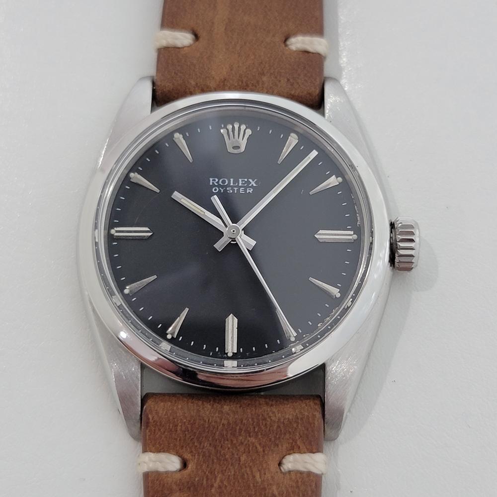 Vintage By, Rolex Herrenuhr ref.6424 Oyster Precision mit Handaufzug, ca. 1959. Von einem Uhrmachermeister für echt befunden. Wunderschönes Rolex signiertes schwarzes Zifferblatt, aufgesetzte silberne Indexe, silberne Minuten- und Stundenzeiger,