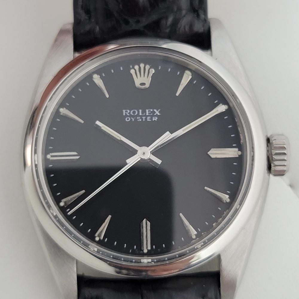 Vintage By, Rolex Herrenuhr ref.6424 Oyster Precision mit Handaufzug, ca. 1959. Von einem Uhrmachermeister für echt befunden. Wunderschönes Rolex signiertes schwarzes Zifferblatt, aufgesetzte silberne Indexe, silberne Minuten- und Stundenzeiger,