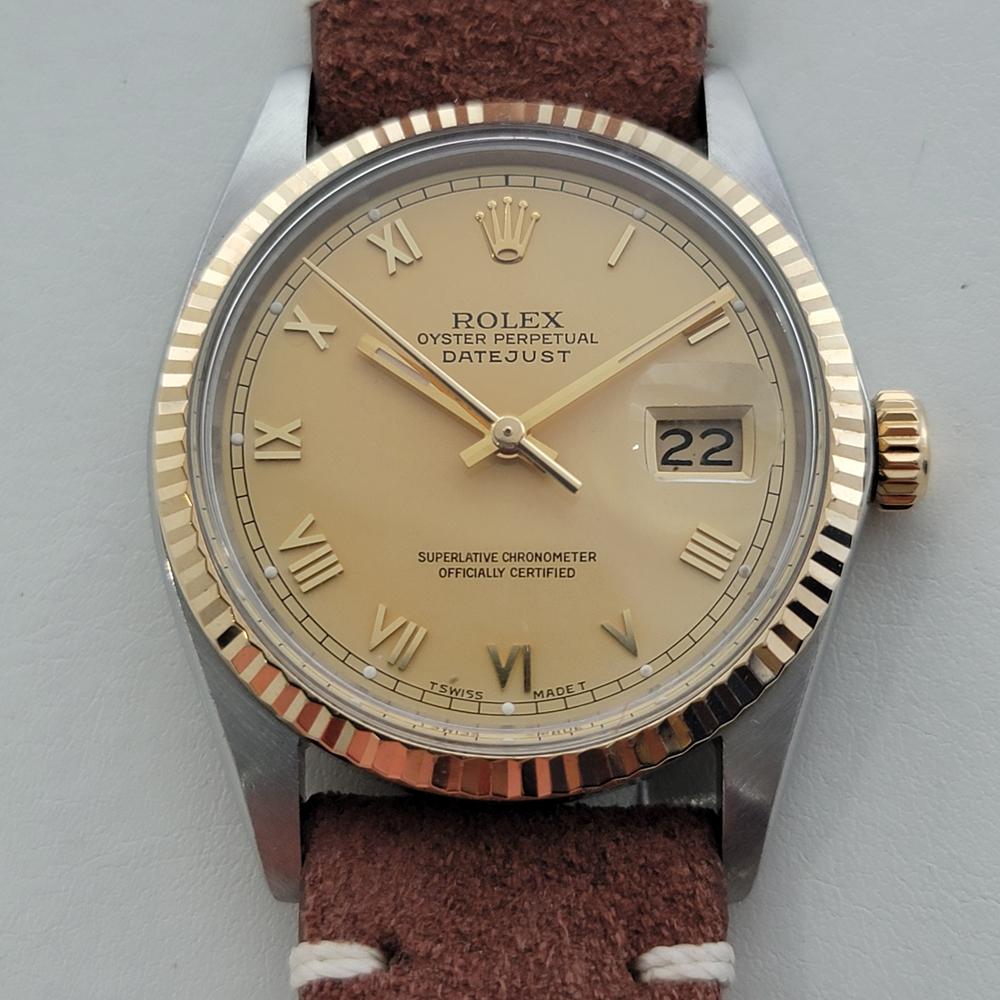 Classic icon, Men's 18k gold and stainless steel Rolex Oyster Perpetual Datejust Ref.16013 automatic, c.1987, in excellent working condition. Verified authentic by a master watchmaker. Gorgeous Rolex signed gold dial, applied Roman numeral hour