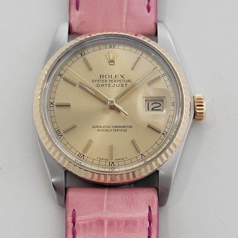 Timeless classic Men's 18k gold and stainless steel Rolex Oyster Perpetual Datejust Ref.16013 automatic, c.1987, in excellent aesthetic and working condition. Verified authentic by a master watchmaker. Gorgeous Rolex signed gold dial, applied indice