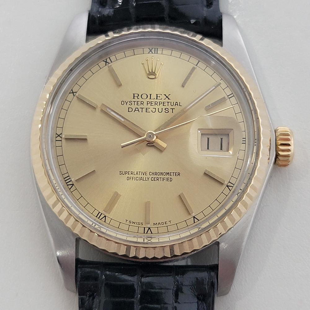 Iconic classic, Men's 18k gold and stainless steel Rolex Oyster Perpetual Ref.16013 Datejust automatic, c.1987, in excellent working condition. Verified authentic by a master watchmaker. Gorgeous Rolex signed gold dial, applied index hour markers,