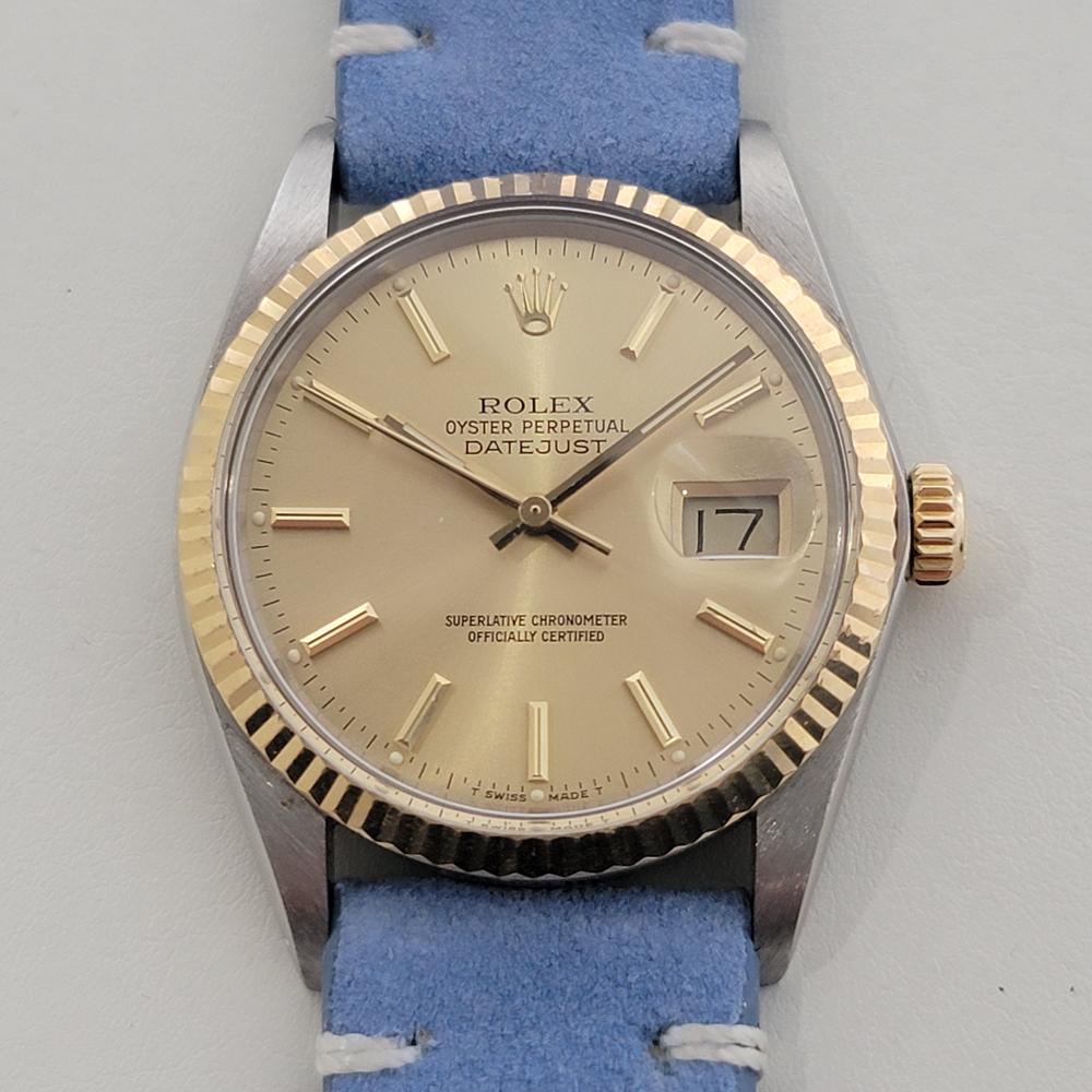 Timeless classic Men's 18k gold and stainless steel Rolex Oyster Perpetual Datejust Ref.16013 automatic, c.1987, in excellent aesthetic and working condition. Verified authentic by a master watchmaker. Gorgeous Rolex signed gold dial, applied indice
