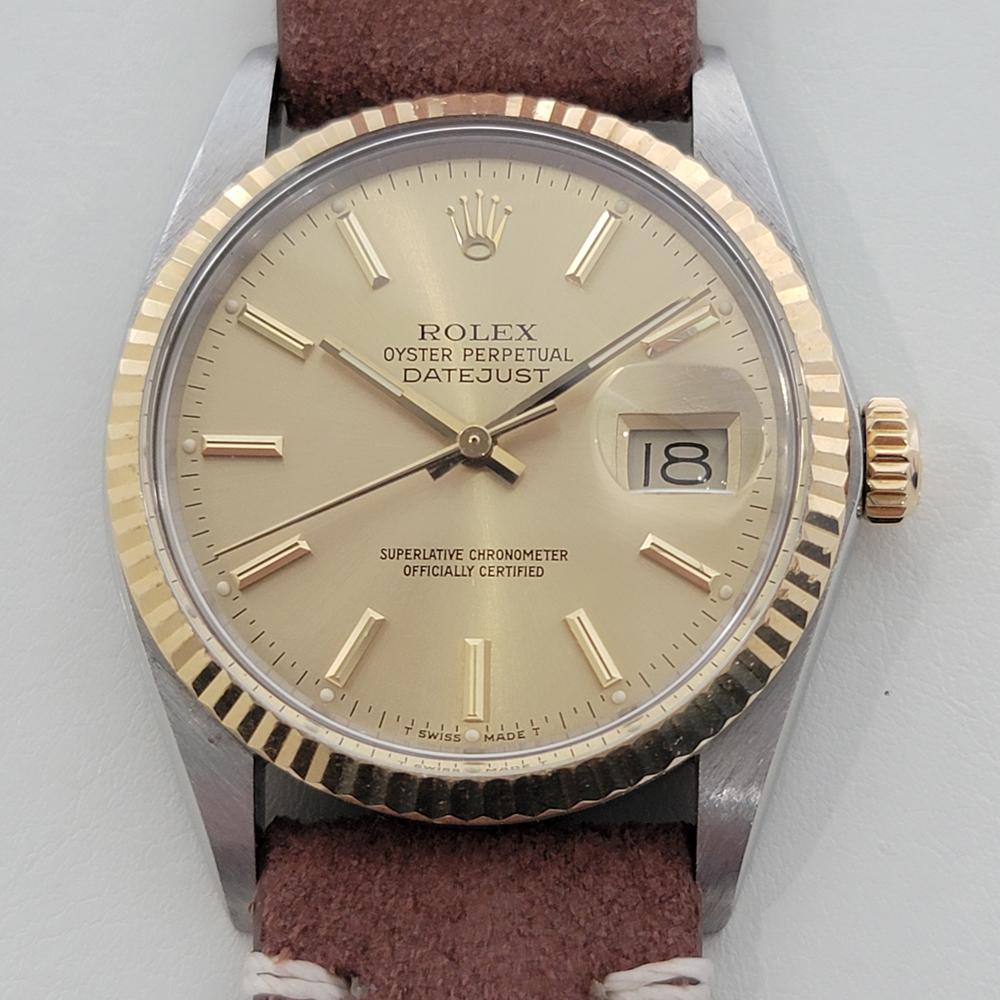 Classic icon, Men's 18k gold and stainless steel Rolex Oyster Perpetual Datejust Ref.16013 automatic, c.1987, in immaculate working condition. Verified authentic by a master watchmaker. Gorgeous Rolex signed gold dial, applied index hour markers,
