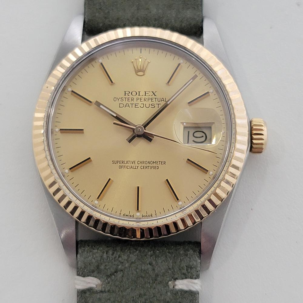 Timeless icon Men's 18k gold and stainless steel Rolex Oyster Perpetual Datejust Ref.16013 automatic, c.1987, in excellent working condition. Verified authentic by a master watchmaker. Gorgeous Rolex signed gold dial, applied index hour markers,