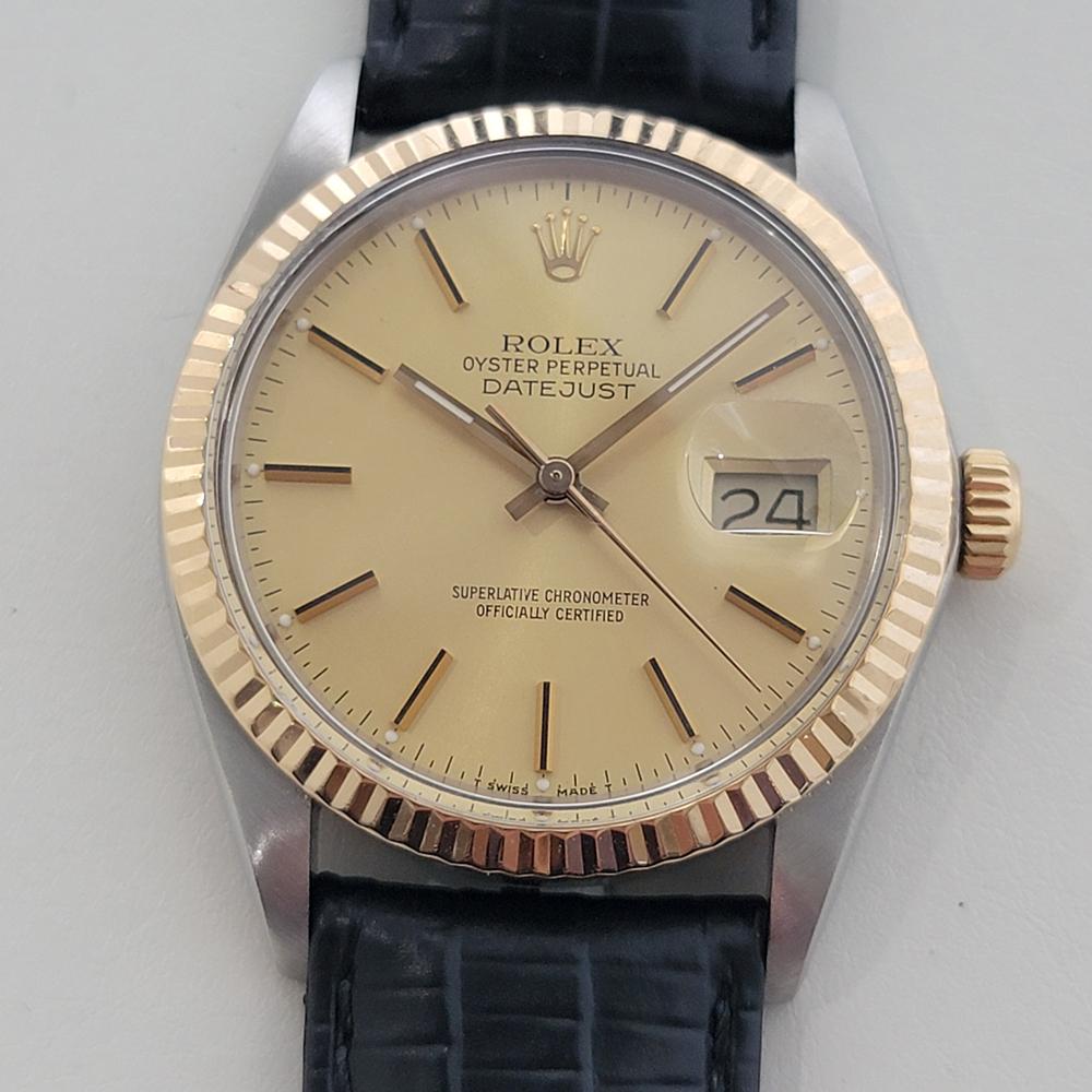 Iconic classic, Men's 18k gold and stainless steel Rolex Oyster Perpetual Datejust Ref.16013 automatic, c.1987, in excellent working condition. Verified authentic by a master watchmaker. Gorgeous Rolex signed gold dial, applied index hour markers,