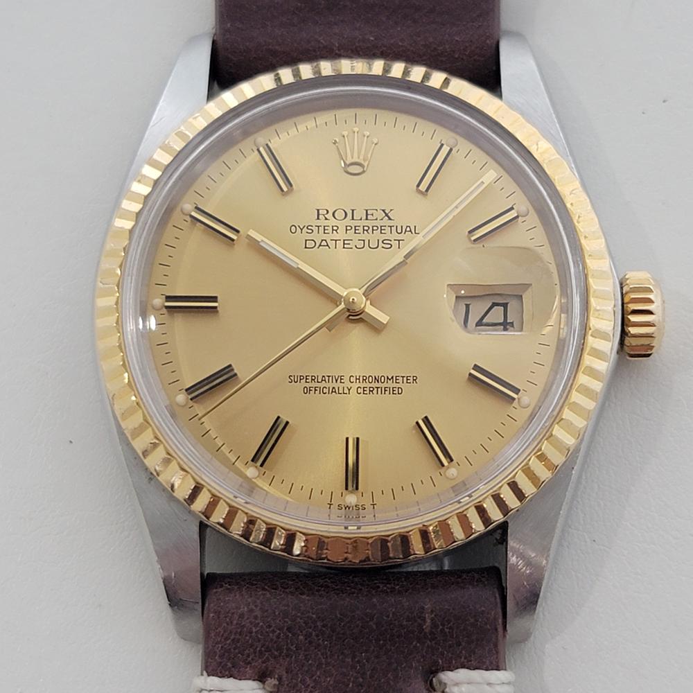 Iconic classic, Men's 18k gold and stainless steel Rolex Oyster Perpetual Datejust Ref.16013 automatic, c.1984, in excellent working condition. Verified authentic by a master watchmaker. Gorgeous Rolex signed gold dial, applied faceted index hour