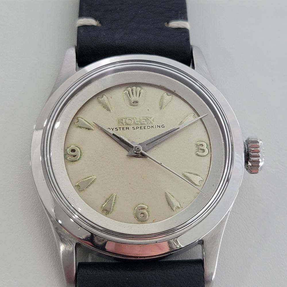 Vintage classic, Men's rare Rolex Oyster Speedking Ref.6632 automatic bubbleback dress watch, c.1953. Verified authentic by a master watchmaker. Gorgeous Rolex signed dial, applied Arabic numeral and indice hour markers, silver lumed minute and hour
