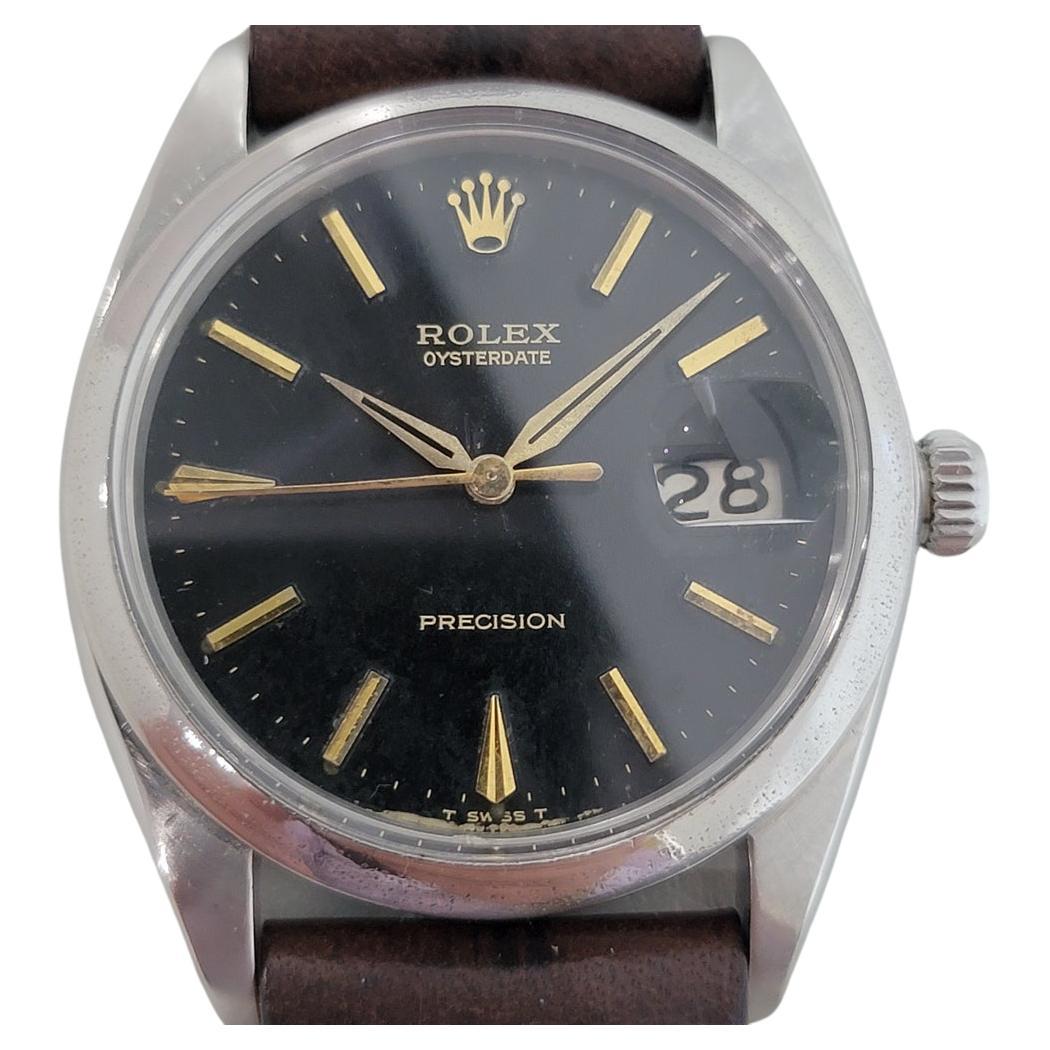 Timeless icon, Men's Rolex ref.6694 Oysterdate Precision hand-wind dress watch, c.1968. Verified authentic by a master watchmaker. Gorgeous Rolex signed black dial, applied indice hour markers, gilt minute and hour hands, sweeping central second
