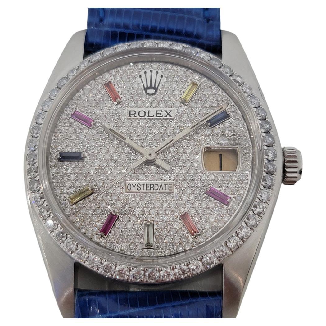 Timeless icon, Men's Rolex Oysterdate Precision 6694 manual wind, c.1980s. Verified authentic by a master watchmaker. Dazzling aftermarket, gemmed Rolex diamond dial, applied color sapphire hour markers, silver minute and hour hands, sweeping