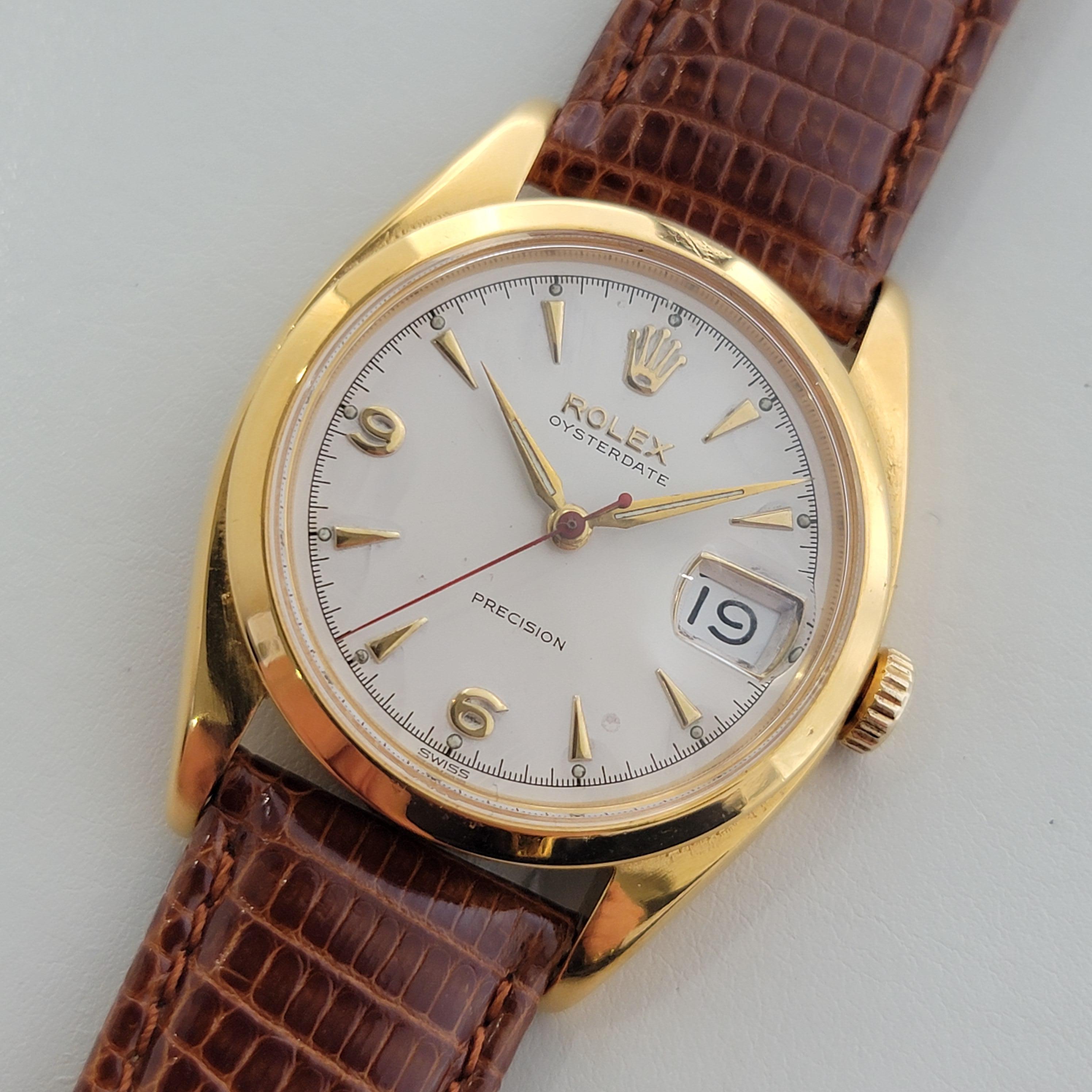 Timeless classic, Men's Rolex ref.6494 gold-capped Oysterdate Precision manual wind, c.1956. Verified authentic by a master watchmaker. Gorgeous Rolex signed white dial, applied dagger and Arabic numeral 6,9 hour markers, gilt minute and hour hands,