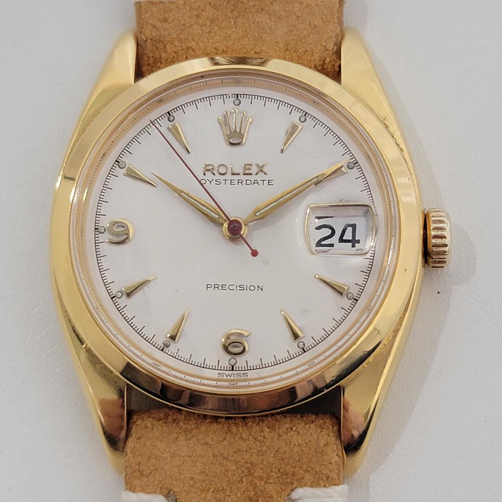 Vintage classic, Men's gold-capped Rolex Oysterdate Precision ref.64494 manual wind, c.1956, in excellent working condition. Verified authentic by a master watchmaker. Gorgeous Rolex signed white dial, applied dagger and Arabic numeral 6,9 hour