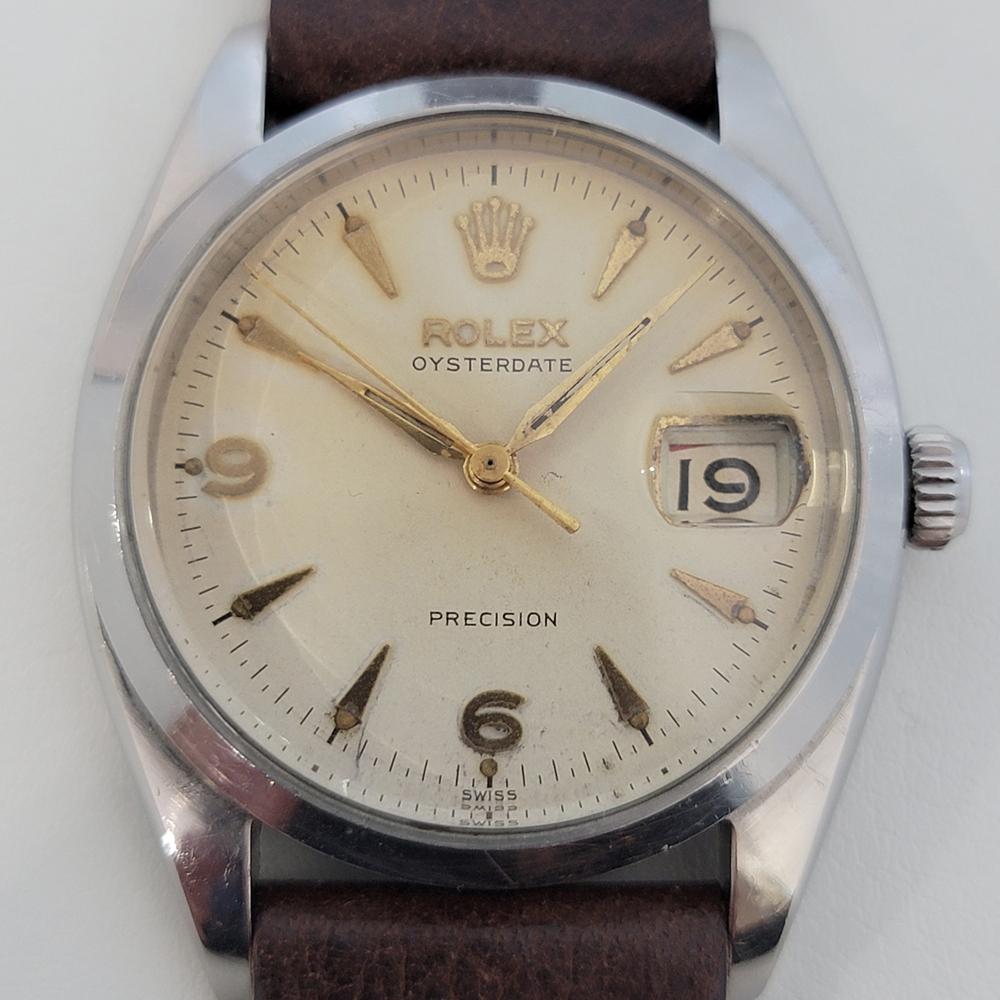 Timeless icon, Men's Rolex Oysterdate Precision Ref.6494 hand-wind dress watch with roulette red-black date wheel, c.1950s. Verified authentic by a master watchmaker. Gorgeous Rolex signed white tropical dial, applied indice and Arabic numeral 6,9