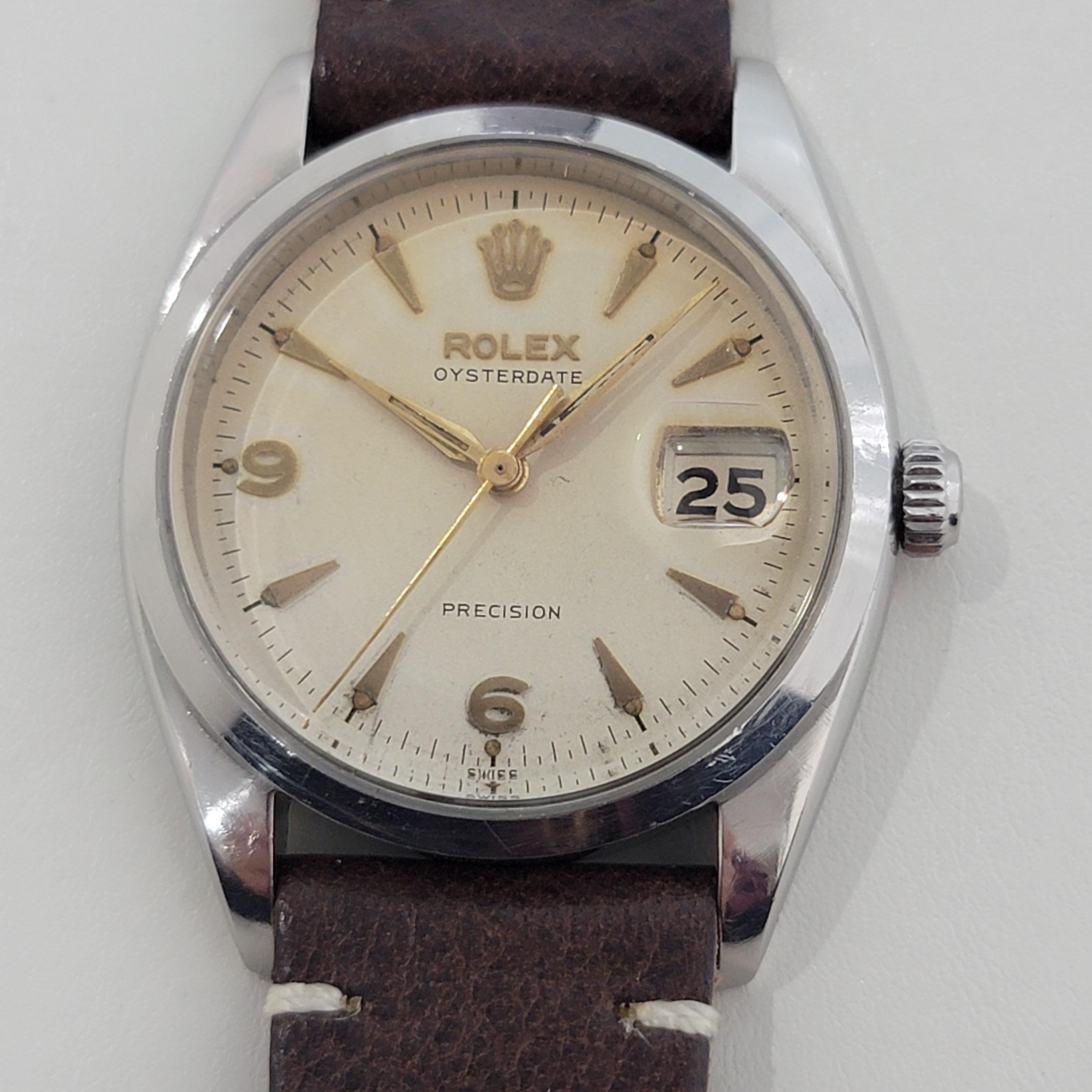 Icono intemporal, Reloj de vestir de caballero Rolex Oysterdate Precision Ref.6494 de cuerda manual con ruleta de fecha rojo-negro, c.1950. Verificado auténtico por un maestro relojero. Preciosa esfera tropical blanca firmada por Rolex, índices e