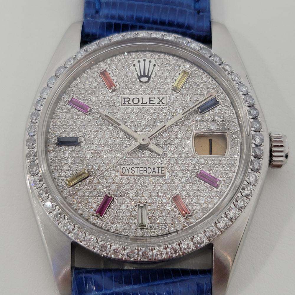 Timeless icon, Men's Rolex Oysterdate Precision 6694 manual wind, c.1980s. Verified authentic by a master watchmaker. Dazzling aftermarket, gemmed Rolex diamond dial, applied color sapphire hour markers, silver minute and hour hands, sweeping