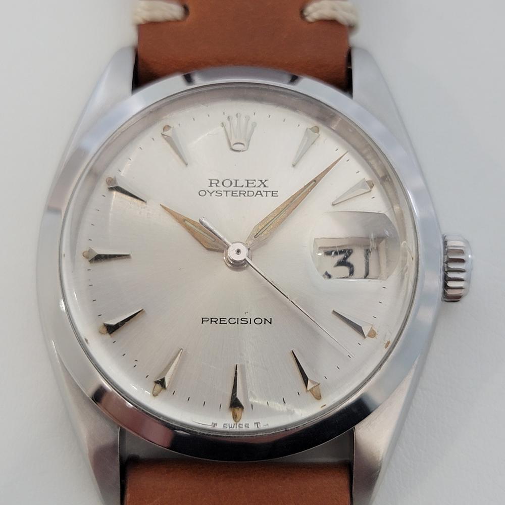 Timeless icon, Men's Rolex Oysterdate Precision ref.6694 hand-wind dress watch, c.1966. Verified authentic by a master watchmaker. Gorgeous Rolex signed silver dial, applied indice hour markers, gilt minute and hour hands, sweeping central second