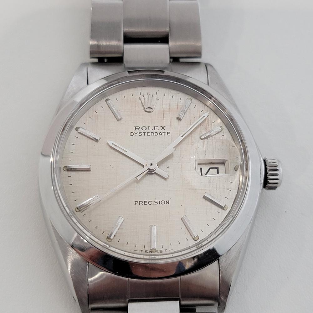 Iconic classic, Men's Rolex ref.6694 Oysterdate Precision hand-wind dress watch, c.1967, all original. Verified authentic by a master watchmaker. Gorgeous original, unrefurbished, Rolex signed linen dial, applied indice hour markers, silver minute