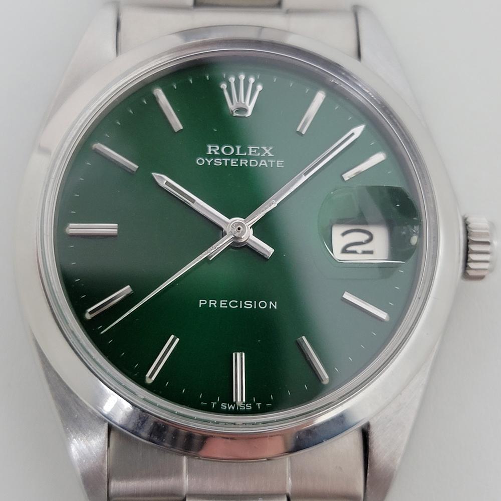 Iconic classic, Men's all-stainless steel Rolex Oysterdate Precision 6694 manual wind, c.1969. Verified authentic by a master watchmaker. Stunning emeral green Rolex signed dial, applied silver indice hour markers, silver minute and hour hands,