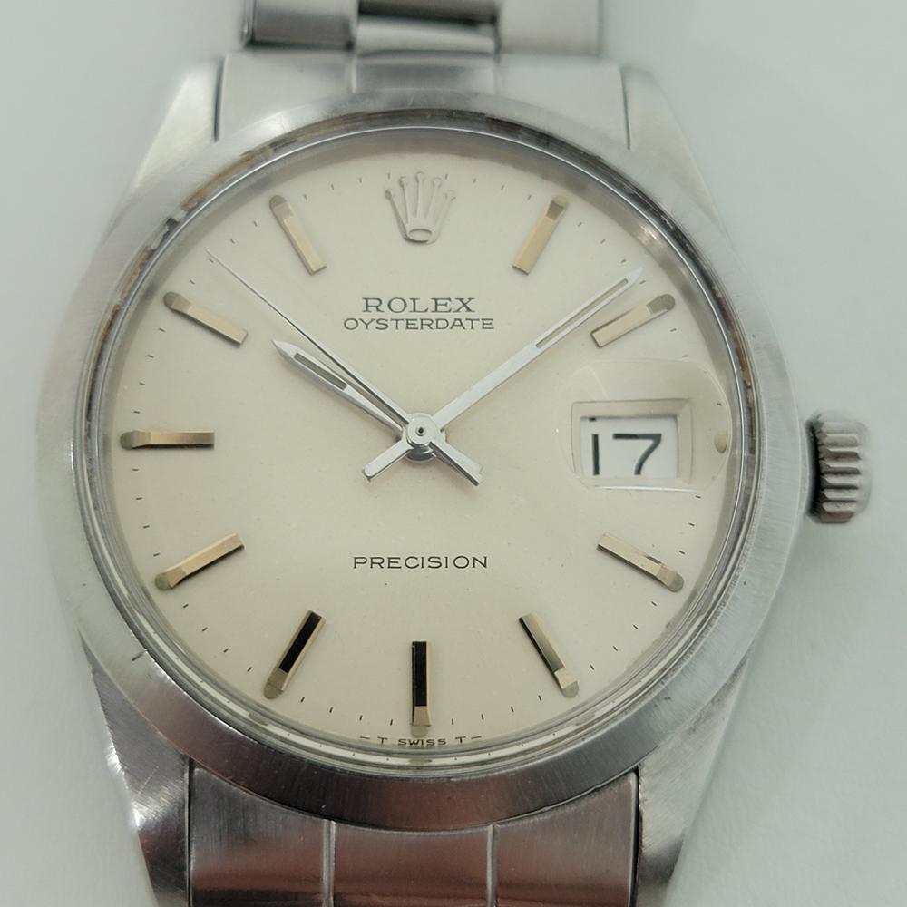 Iconic classic, Men's Rolex ref.6694 Oysterdate Precision hand-wind dress watch, c.1969, all original, with original Rolex box and paper. Verified authentic by a master watchmaker. Gorgeous Rolex signed dial, applied gilt indice hour markers, silver