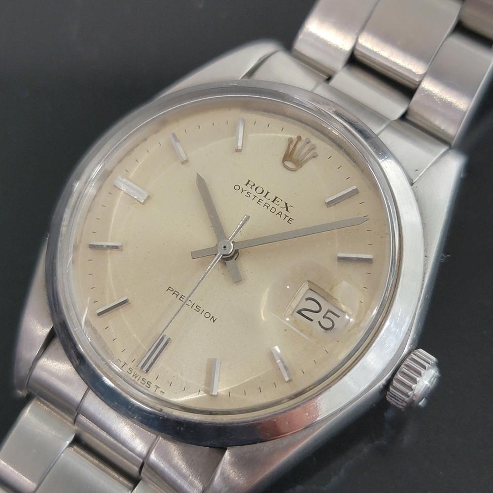 Iconic classic, Men's Rolex ref.6694 Oysterdate Precision hand-wind dress watch, c.1972, all original. Verified authentic by a master watchmaker. Gorgeous Rolex signed tropical dial, applied indice hour markers, silver minute and hour hands,