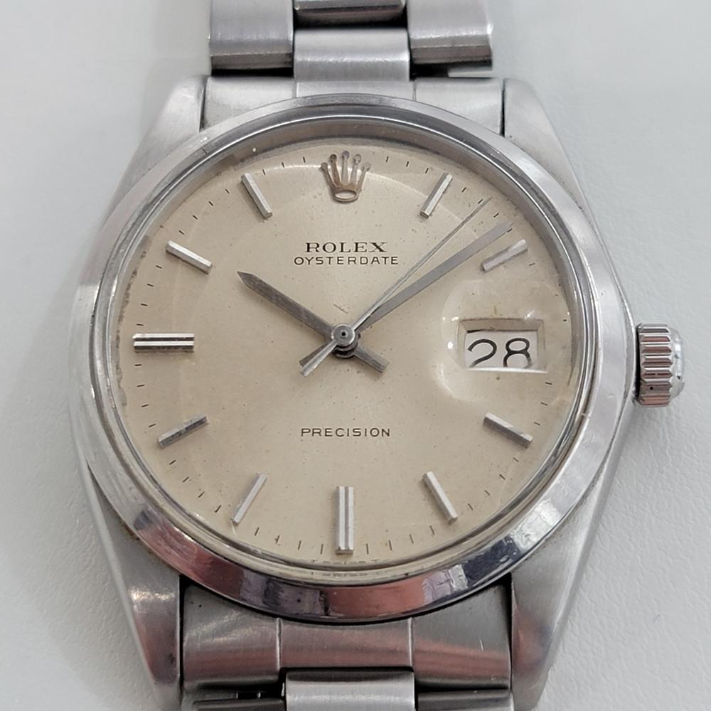 Iconic classic, Men's Rolex ref.6694 Oysterdate Precision hand-wind dress watch, c.1972, all original. Verified authentic by a master watchmaker. Gorgeous Rolex signed tropical dial, unrefurbished, applied indice hour markers, silver minute and hour