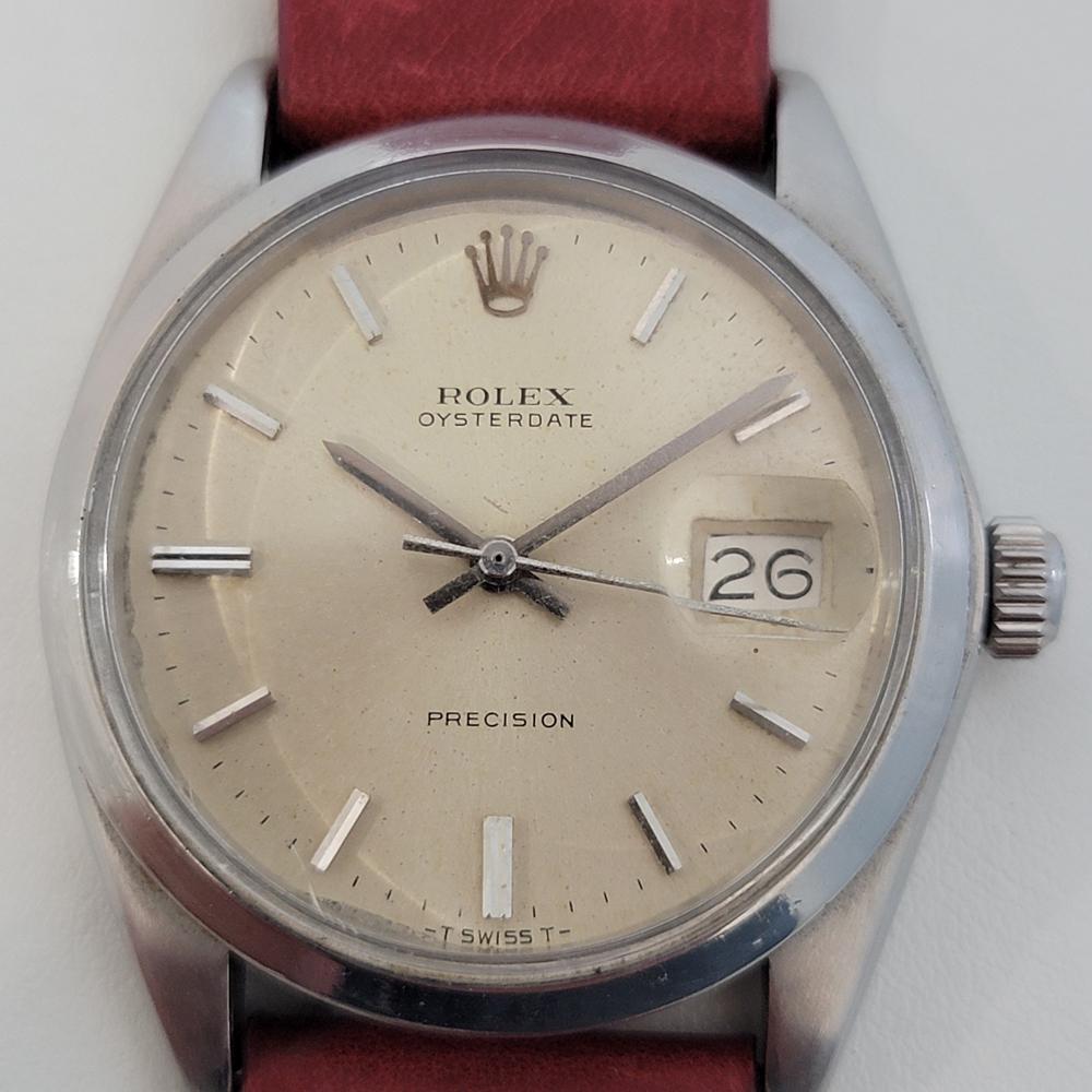 Iconic classic, Men's Rolex ref.6694 Oysterdate Precision hand-wind dress watch, c.1972. Verified authentic by a master watchmaker. Gorgeous Rolex signed tropical dial, applied indice hour markers, silver minute and hour hands, sweeping central