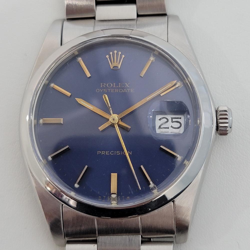 Zeitlose Ikone, Herren Rolex Oysterdate Precision 6694 mit manuellem Aufzug, ca. 1984, alles original, mit original Rolex Papier. Von einem Uhrmachermeister für echt befunden. Atemberaubende Rolex signiert königsblaues Zifferblatt, applizierte
