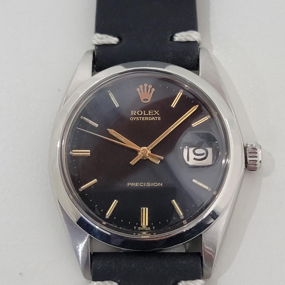 Timeless classic, Men's Rolex Oysterdate Precision ref.6694, hand-wind dress watch, c.1967, in excellent working condition. Verified authentic by a master watchmaker. Gorgeous Rolex signed black dial, applied baton index hour markers, gilt minute