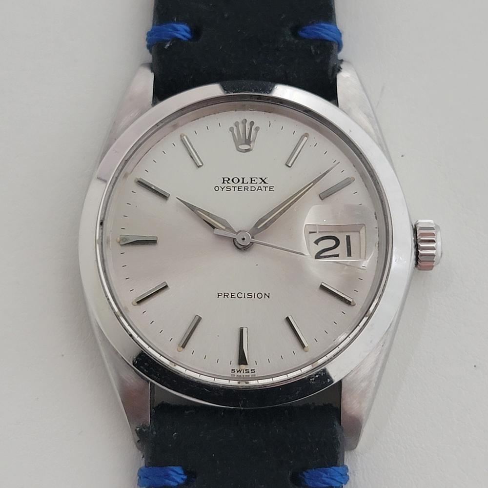 Classic icon, Men's Rolex ref.6694 Oysterdate Precision, hand-wind dress watch, c.1964, in excellent working condition. Verified authentic by a master watchmaker. Gorgeous Rolex signed silver dial, applied baton index hour markers, silver minute and