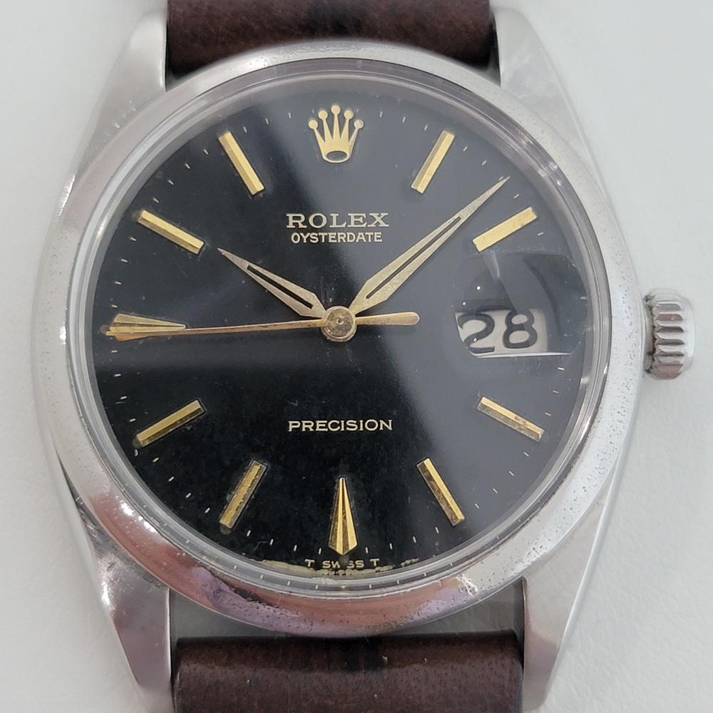 Timeless icon, Men's Rolex ref.6694 Oysterdate Precision hand-wind dress watch, c.1968. Verified authentic by a master watchmaker. Gorgeous Rolex signed black dial, applied indice hour markers, gilt minute and hour hands, sweeping central second